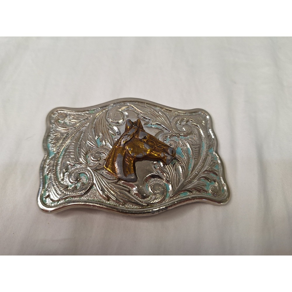 Vintage Western Horse Head Belt Buckle Two Tone Silver Gold Engraved Made in USA
